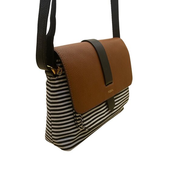 Fossil Women’s Brown Leather Black & White Striped Canvas Crossbody Bag - Picture 6 of 16